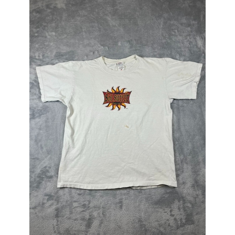 Vintage Santa Cruz Sol Surfer Graphic Medium White T-Shirt Big Sun Distressed